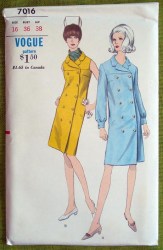 7016 1967 VOGUE SLEEVES OR NOT 2 BREASTED COLLAR COATDRESS PATTERN 14 34B